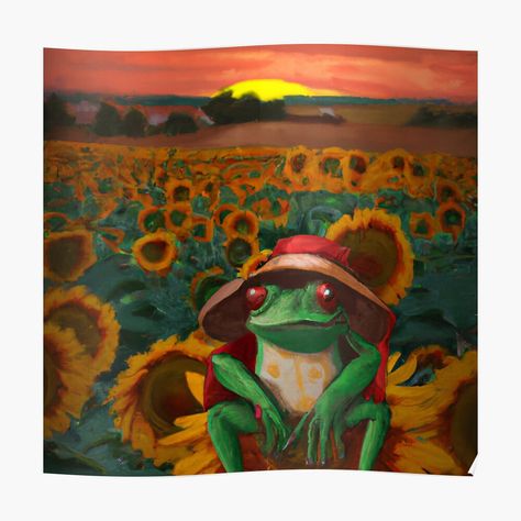 Get my art printed on awesome products. Support me at Redbubble #RBandME: https://www.redbubble.com/i/poster/The-Red-Capped-Frog-Aesthetic-Sunflower-Field-by-Torenso1/136042350.LVTDI?asc=u Aesthetic Sunflower Field, Frog Artwork, Aesthetic Sunflower, Frog Aesthetic, Sunflower Field, Red Cap, Sunflower Fields, Sale Poster, Sell Your Art