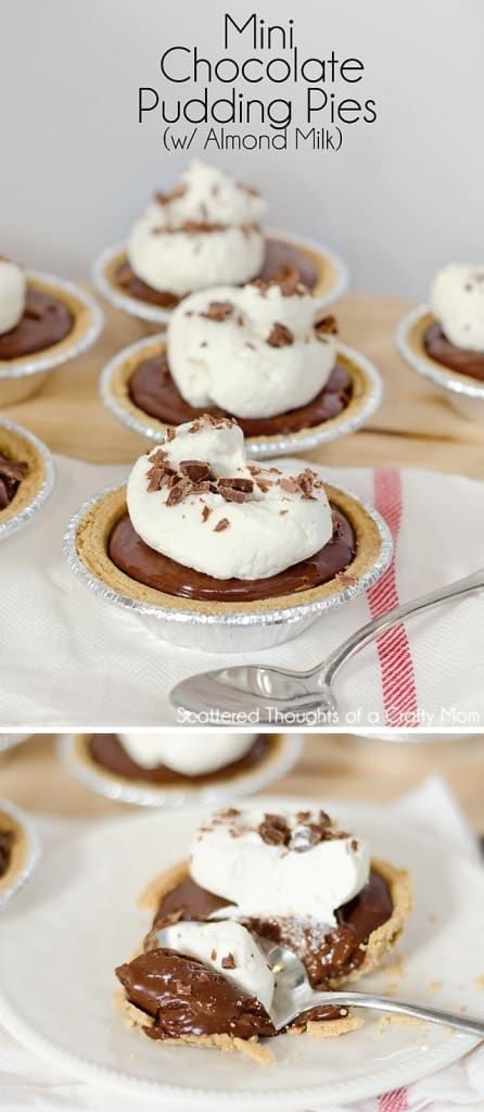 Mini Chocolate Pudding Pies, Chocolate Pudding Pies, Chocolate Pudding Pie Recipe, Pudding Pie Recipes, Chocolate Pie With Pudding, Almond Milk Recipes, Pudding Pies, Crafty Mom, Chocolate Pies