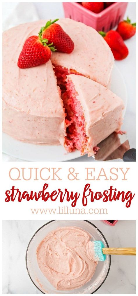 Sweet, ripe strawberries make this frosting irresistible! Creamy strawberry frosting is yummy on just about any cake or cupcake. #strawberryfrosting #frosting #strawberry #easystrawberryfrosting Strawberry Icing Buttercream, Strawberry Frosting With Real Strawberry, Strawberry Buttercream Frosting Easy, Strawberry Cake Icing Recipe, Strawberry Icing With Fresh Strawberries, Icing For Strawberry Cake, Strawberry Frosting Buttercream, Strawberry Cake Icing, Strawberry Icing Recipe