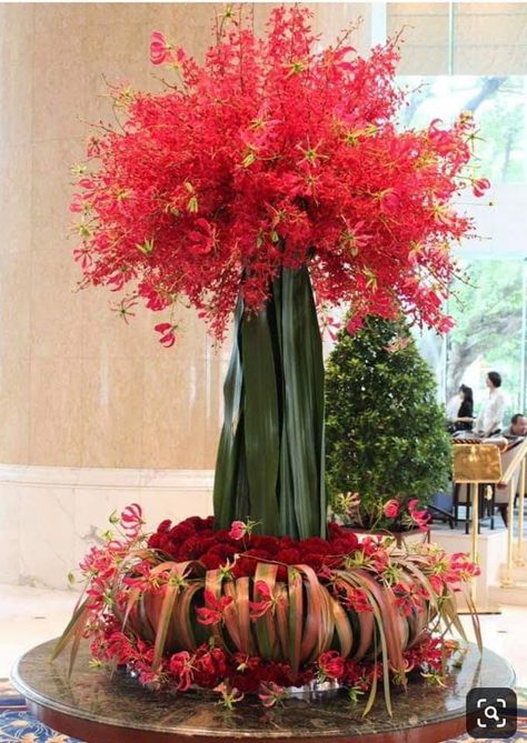 Fire Floral Arrangement, Hotel Flower Arrangements, Gloriosa Lily, Jeff Leatham, Hotel Flowers, Large Flower Arrangements, Corporate Flowers, Artificial Floral Arrangements, Church Flower Arrangements