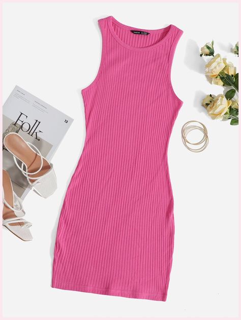 [Promotion] Hot Pink Casual Sleeveless Cotton Plain Bodycon Embellished Slight Stretch Summer Women Dresses #pinkbodycondressoutfit Dinner Outfits Casual, Pink Bodycon Dress, Ribbed Knit Bodycon Dress, Pink Bodycon, Body Con Dress Outfit, Look Rose, Ribbed Tank Dress, High Fashion Outfits, Pink Bodycon Dresses