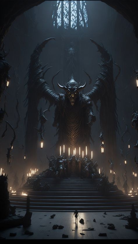 Evil Kingdom Aesthetic, Evil Lair Concept Art, Evil Fantasy Aesthetic, Evil Throne Room, Evil Throne, Demonic Artwork, Wolf Protecting, Villain Hideout, Evil Lair