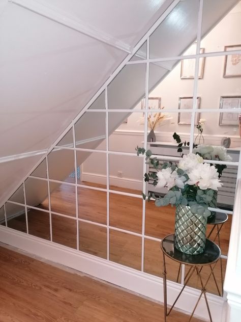 Mirror Under Stairs, Mirror Wall Stairs, Under Stairs Wall Decor Ideas, Stairs Wall Decor Ideas, Stairs Wall Decor, Mirror Stairs, Staircase Storage, Stair Wall, Under The Stairs