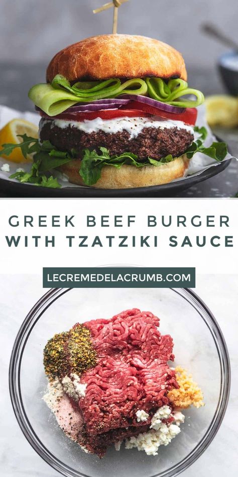 Healthy Burger Recipes Beef, Greek Hamburger Recipes, Summer Burger Recipes, Greek Burgers Beef, Beef Burger Ideas, Tasty Burger Recipes, Greek Hamburgers, Gourmet Burgers Ideas, Mediterranean Burger Recipe