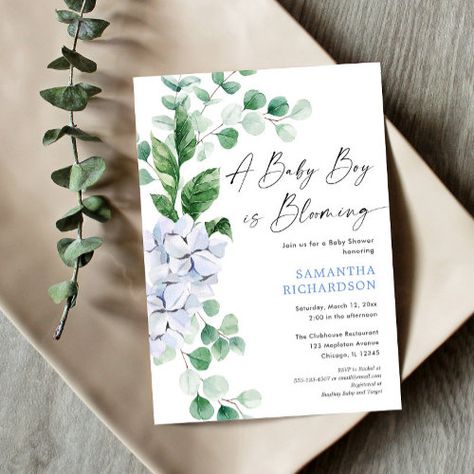 $2.95 - Baby boy is blooming spring floral greenery shower - boy baby shower, blue flowers, greenery eucalyptus, botanical garden flowers, floral watercolors, elegant simple modern chic, baby boy is blooming, garden blooms, couples co-ed baby shower, spring summer baby shower Baby Boy Invitations, Wildflower Baby Shower, Coed Baby Shower, Elegant Baby Shower, Floral Greenery, Summer Baby Shower, Spring Baby Shower, Bloom Baby, Boy Baby Shower Themes