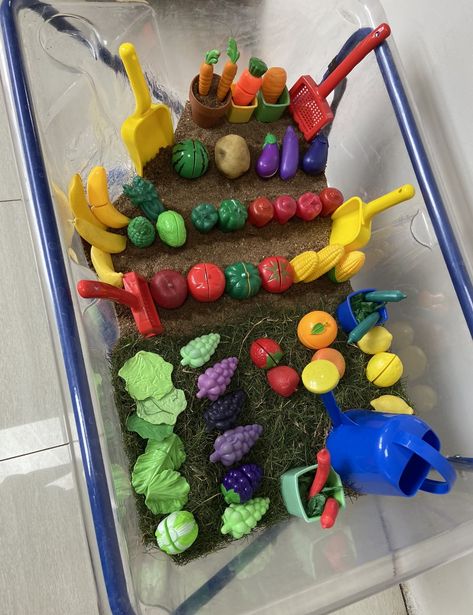 Fruit and vegetable sensory bin Fruit And Vegetable Sensory Bin, Vegetable Sensory Bin, Fruit Sensory Bin, Room Activities, Vegetable Bin, Fruit Crafts, Infant Room, Sensory Table, Messy Play