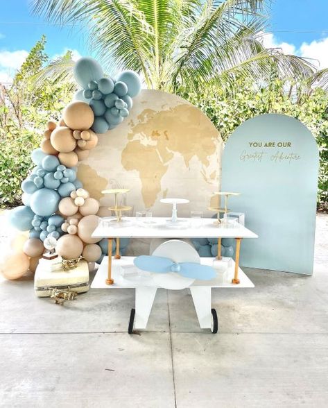 Travel Theme Birthday Decor, What A Wonderful World 1st Birthday, The Greenspring Home, Airline Party Decorations, Travel Decor Ideas Party, Travel Theme Decor Party, Travel Balloons Decoration, Travel Decorations Party, Precious Cargo Baby Shower Theme Decor