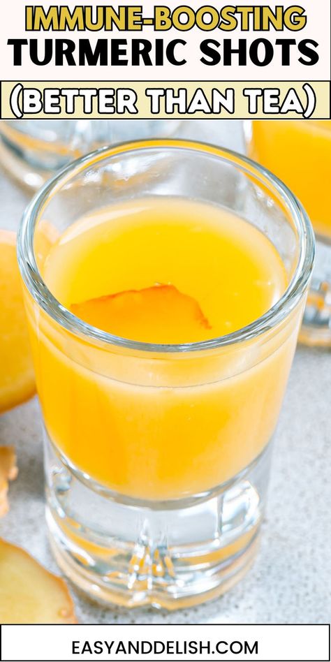 Closeup of a turmeric shot in a small glass. Immune Boost Shot Recipe, Immunity Shot Recipe, Turmeric Shots, Turmeric Black Pepper, Immune Boosting Foods, Turmeric Health, Turmeric Recipes, Turmeric Tea, Global Cuisine