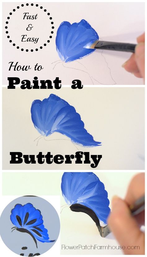 How to Paint a Fast and Easy Butterfly, FlowerPatchFarmhouse.com Paint A Butterfly, Easy Butterfly, Soyut Sanat Tabloları, Interior Painting, Butterfly Painting, Painting Lessons, Tole Painting, Painting Tips, Learn To Paint