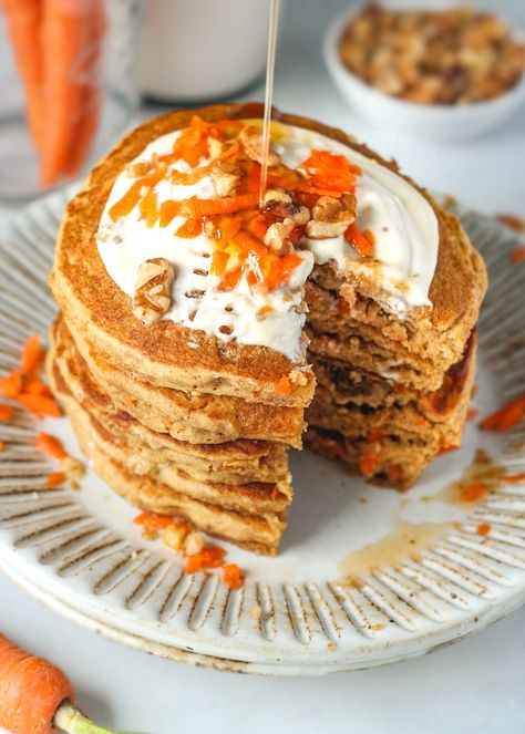 Carrot Cake Pancakes – It's All Good Vegan Pancakes Cake, Carrot Pancakes, Carrot Cake Pancakes, Cake Pancakes, Whiskey Cake, Vegan Cream Cheese, Pancake Batter, Rice Cakes, Pancake Recipe