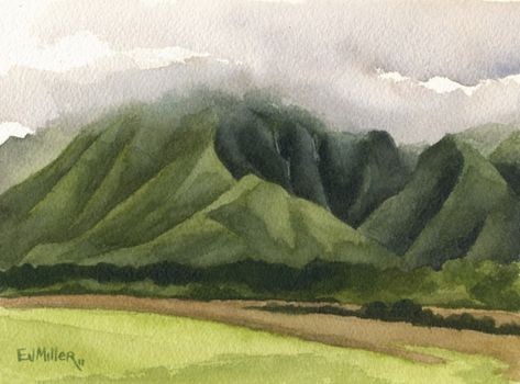 Wailua mountain waterfalls, Mauka — the mountains - green, mountain, waterfalls, kapaa, wailua artwork :: Emily Miller fine art :: Ocean-inspired artwork from Oregon & Kauai Hawaii Mountains Painting, Green Mountain Art, Green Mountain Painting, Watercolor Hawaii, Forest Elephant, Hawaii Mountains, African Forest, Emily Miller, Hawaii Painting