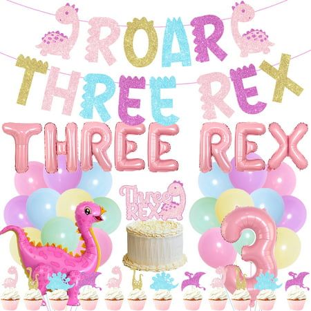 YOU WILL GET: 1 glitter paper ROAR THREE REX 1 cake topper 1 THREE REX foil balloon (16inches 1 number 3 foil balloon (32 inches) 12 cake toppers 1 dinosaur foil balloon(29x25) 1 adhesive dots 1 banner ribbon 1 banner threading needle 1 foil balloon straw Size: 3" x 3" x 3".  Color: Pink. Three Year Old Birthday Party Girl, Three Rex Birthday Party Girl, 3 Year Birthday Theme Girl, 3rd Birthday Party For Girls Ideas, Dinosaur 3rd Birthday Party, 3rd Birthday Party Decorations, Dinosaur 3rd Birthday, Winter Birthday Themes, 3rd Birthday Party For Girls