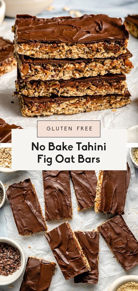 Gluten free chocolate oat bars filled with tahini, nutritious seeds, figs, and honey. These healthy no bake bars are packed with fiber and protein to keep you full and satisfied. Top these homemade snack bars with a decadent dark chocolate drizzle for the perfect healthy treat! Oat Bars Gluten Free, Unflavored Protein Powder, Dairy Free Chocolate Chips, Protein Bar Recipes, Ambitious Kitchen, Delicious Gluten Free Recipes, Oat Bars, Raw Desserts, No Bake Snacks