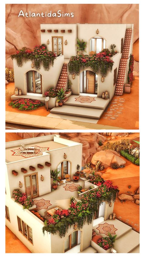 House built in Sims4 by AtlantidaSims #sims4house #sims4 #sims4oasissprings Follow me on IG for more content 🥰 Modern Moroccan House, Sims4 House, Lotes The Sims 4, Dessert House, Moroccan Houses, House Mediterranean, Die Sims 4, Bloxburg Houses, 70s House