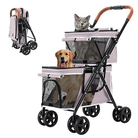 Double Pet Stroller for Dogs and Cats, Pet Stroller for Medium Small Dogs & Cats with Double Layer Cabin, One-Hand Folding Dog Stroller Travel Carriage, 4 Wheels, Pink Cat Stroller, Pet Strollers, Pink Pet, Dog Bed Mat, Dog Stroller, Pet Stroller, Travel Stroller, Dog Rooms, Cats Pet