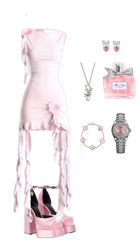 pink outfit. evening dress, high heels. fashion, collage, style, VERSACE, ROLEX, Dior Versace Heels Outfit, Heels Outfits Dress, Versace Heels, Versace Pink, Collage Style, Heels Outfits, Heels Fashion, Versace Outfit, Fashion Collage