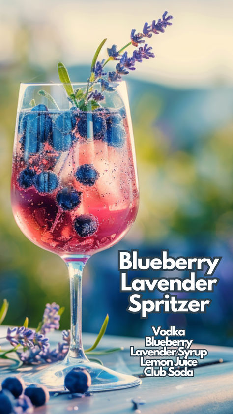 Crafting a Blueberry Lavender Spritzer is a delight. The blend of fresh blueberries and floral lavender creates a refreshing drink, perfect for warm days. Vodka adds a kick, while lemon juice brings a zesty balance. Club soda finishes it off with a bubbly touch. #blueberrylavenderspritzer via @mybartender Blueberry Cocktails, Spritzer Cocktails, Lavender Cocktails, Soda Cocktails, Spritz Cocktails, Blueberry Cocktail, Cocktail Cards, Unique Drinks, Blueberry Gin