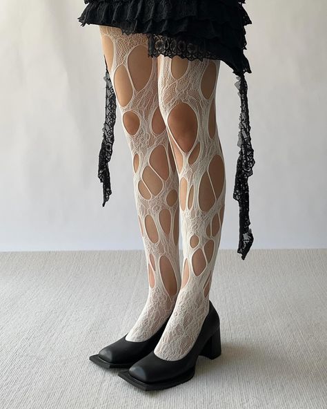 🌷🌻🌷🌻🌷With a pair of the truly versatile white ripped fishnet tights, @ibuddizy discovered the fun of mix&match, experimenting freely in between different styles🌸🌼🌸🌼🌸 Check it out: https://moodymumu.com/products/white-ripped-fishnet-tights?_pos=6&_sid=72d287480&_ss=r White Ripped Tights, Grunge Tights, Ripped Fishnets, Casual Coquette, Ripped Tights, White Fishnets, White Tights, White Stockings, Resin Design