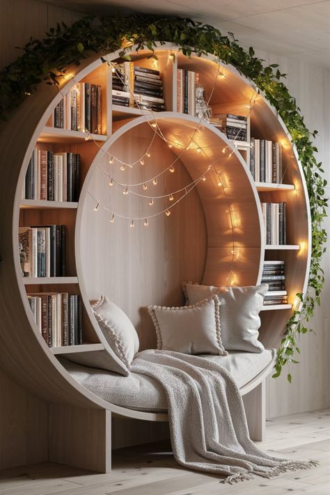 A magical reading nook set within a circular wooden alcove. With greenery accents, cascading fairy lights, and a neutral-toned background, it’s a serene and stylish retreat for book enthusiasts. #ReadingNook #CozyCorners #ModernMinimalism #BookshelfDesign #FairyLights #HomeLibrary #WhimsicalSpaces #InteriorInspiration #RusticModern #GreeneryDecor Arched Reading Nook, Personal Library Ideas, Living Room Nook Ideas, Circle Bookshelf, Reading Nook Ideas For Adults, Spinning Bookshelf, Book Room Ideas, Round Bookshelf, Diy Library