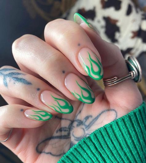 Green Flame Nail Art, Green Flame Nails, Check Nails, Long Square Nails, Happy Nails, Edgy Nails, Coffin Nails Long, Dream Nails, Best Nail