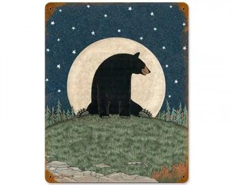 HomeDecorGarageArt | Etsy Metal Sculpture Wall Art, Black Bears Art, Moon Bear, Bear Illustration, Moon Decor, Scandinavian Folk Art, Wall Quilts, Bear Art, Mountain Art