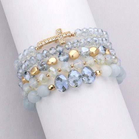 Multi Strand Paved Stone Faceted Beaded Adjustable Five Piece Layered Stack Style Fashion Jewelry Stretch Bracelets Size: 1.25" H Color: Light Blue Theme: Religious , Cross L 4894 B Light Blue Theme, Crystal Bracelets Diy, Stretch Beaded Bracelets Diy, Stackable Beaded Bracelets, Arm Cuff Bracelet, Beaded Charm Bracelet, Polymer Clay Bracelet, Christian Business, Fun Bracelet