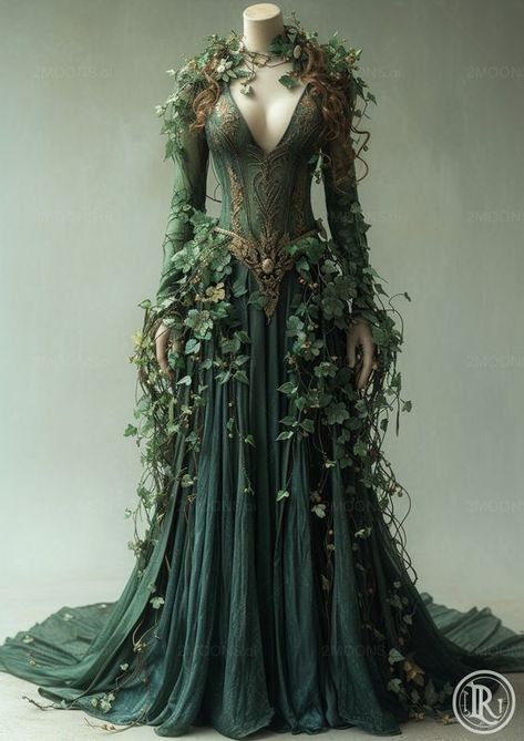 Elven Dress Gowns Woodland, Woman Fairy Dress, Earth Elf Outfit, Fairytale Dress Photoshoot, Fantasy Forest Dress, Elf Halloween Costume Aesthetic, Mother Nature Goddess Costume, Druid Wedding Dress, Forest Faerie Aesthetic