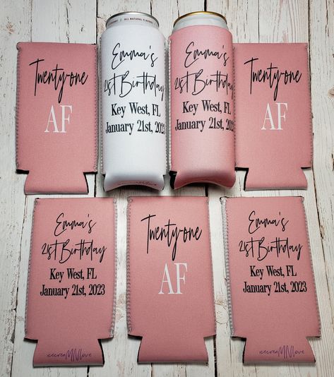 "FREE STANDARD SHIPPING with orders of $75 or more FREE Standard Shipping on orders of $35 or more. USA only. Standard Shipping delivery estimates are on the later end of the shipping estimates provided by Etsy. Upgrade your shipping to ship next business day. twenty one AF birthday party can cooler favors. Personalized with custom birthday party info. 21st Birthday favors SEE BELOW TO ORDER THE COLORED CAN COOLERS will always have the PARTIES saying on them. THE WHITE CAN COOLER with colored fo 21st Birthday Cup Ideas, 21st Birthday Favors Turning 21, 21st Birthday Sayings, 21st Birthday Koozies, 21st Birthday Cups, 30th Birthday Koozies, 21st Birthday Favors, 21st Birthday Party Favors, 21st Birthday Diy