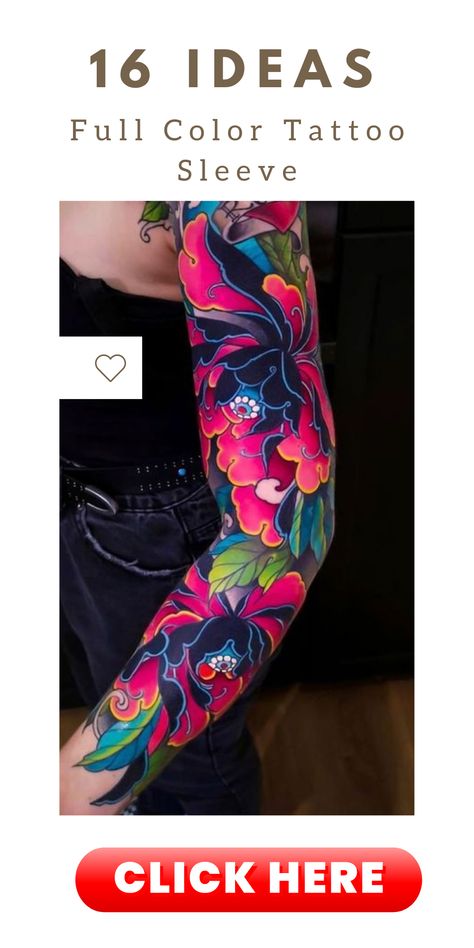 Add a pop of color to your tattoo sleeve with vibrant accents and striking details. Explore designs that incorporate bold and vibrant hues, creating an eye-catching contrast against the skin. Find inspiration for a tattoo sleeve that makes a bold statement with its pops of color. Color Tattoo Sleeve, Tattoo In Color, Floral Sleeve Tattoo, Tattoo Sleeve Ideas, Tattoo Foot, Bright Tattoos, Floral Tattoo Sleeve, Sleeve Ideas, 3d Tattoos