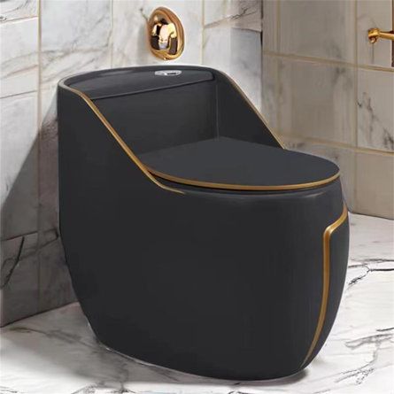 WATERMONY Dual-Flush Elongated One-Piece Toilet (Seat Included) | Wayfair Black Toilet Bathroom Ideas, Sauna Business, Powder Room Toilet, Black Bathroom Floor Tiles, Black Bathroom Design, Sleek Toilet, All Black Bathroom, Cool Toilets, Luxury Bathroom Ideas