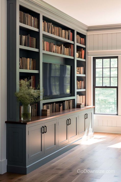 25 Great Built-In Bookshelves That Look Amazing Building Library Bookshelves, Diy Library Built Ins, Bookcase With Tv Built In, In Built Bookshelves, Bookshelves With Storage Below, French Doors Living Room Interior Design, Built In Shelves Storage, Built In Shelves Bonus Room, Basement Bookcase Wall