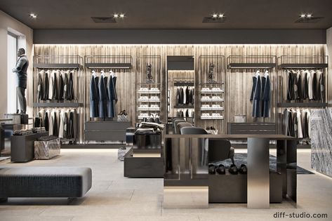 Men's clothing store in Kiev. on Behance Men's Clothing Store Design, Clothing Shop Interiors, Clothes Shop Design, Fashion Shop Interior, Luxury Clothing Store, Fashion Store Design, Clothing Store Displays, Retail Store Interior Design, Clothing Store Interior