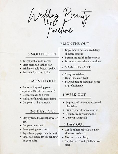 Wedding Beauty Prep, Wedding Beauty Checklist, Beauty Checklist, Wedding Beauty Timeline, Wedding Lists, Wedding Planning List, Planning List, Free Wedding Planner, Wedding Checklists