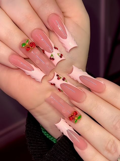 Oldies Nails Ideas, Nail Ideas Cherry, Cherry Nails Pink, Cherry Acrylic Nails, Red Nails Valentines, Cherry Nail Ideas, Nails With Roses, Juicy Nails, Nails Cherry