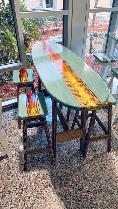 6 Foot Surfboard Table with 4 Stools, Bar Height table, Made in North Carolina, Carolina Beach, 42" Tall, Pub Table, Bar Table