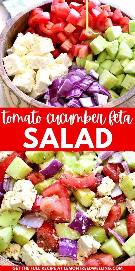 Tomato Cucumber Feta Salad is fresh, flavorful, and SO delicious! It combines crisp cucumbers, juicy tomatoes, red onion, and feta cheese with a simple homemade vinaigrette. One of our favorite go-to summer salads! Quick Simple Salads, Tomato Cucumber Appetizer, Tomato Onion Feta Salad, Tomatoes Feta Salad, Whipped Feta With Marinated Cucumber, Cucumber And Feta Cheese Salad, Tomato Cucumber Feta Salad Balsamic, Recipes With Cucumber And Tomato, Whipped Feta With Tomatoes And Cucumbers