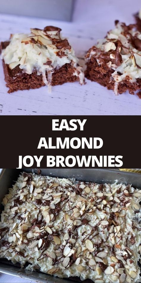 Coconut Brownies Easy, Brownies Coconut, Brownie Mix Ins, Almond Brownies Recipes, Brownies With Coconut, Brownie Mix Hacks, Almond Joy Bars Recipe, Brownie Mix Desserts, Almond Joy Brownies