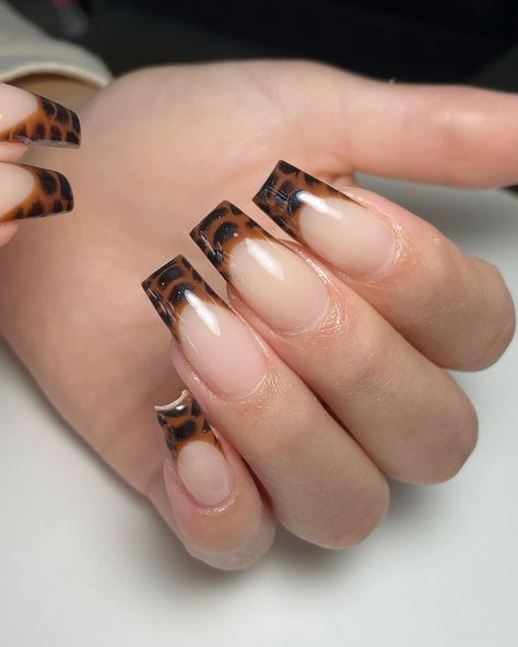 Black And Gold Cheetah Nails, Brown Snake Nails, Brown And Black Nail Designs, Fall Nail Inspo Short Square, Black And Brown Nails Design, Brown Crocodile Nails, Brown Croc Nails, Brown Halloween Nails, Brown And Black Nails