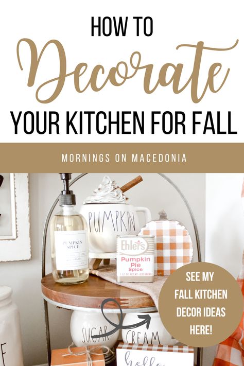 Charity from Mornings on Macedonia blog sharing all my tips and tricks on how to decorate your kitchen for fall. I am sharing simple ideas to give you some inspiration when it comes to fall home decor! Tap the link to see all my ideas and tricks and be sure to save this pin for future reference and follow me for more fall inspired content, just like this! Fall Above Kitchen Cabinet Decorations, Autumn House Decor Kitchen, Kitchen Sink Window Fall Decor, Fall Pumpkin Kitchen Decor, Kitchen Peninsula Fall Decor, Kitchen Fall Decorating Ideas, Kitchen Decor Inspiration, Fall Kitchen Decor, Autumn Morning