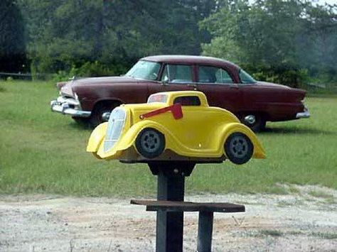 Hot Rod Mail Box Funny Mailboxes, Cool Mailboxes, Old Mailbox, Unique Mailboxes, Custom Mailboxes, Mailbox Design, Mailbox Decor, Gorgeous Centerpieces, Yellow Car