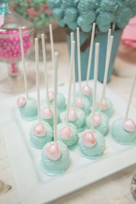 Amanda's Baby Shower! | CatchMyParty.com Mermaid Cake Pops, Shower Colors, Mermaid Baby Shower Theme, Sparkly Cake, Baby Shower Cupcakes For Girls, Sea Baby Shower, Baby Shower Vintage, Mermaid Baby, Baby Shower Party Ideas