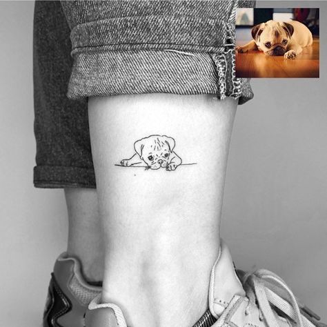 Pug Paw Tattoo, Pug Ear Tattoo, Simple Pug Tattoo, Pug Ears Tattoo, Pug Tattoo Ideas, Pet Portrait Tattoos, Puppy Tattoo, Small Dog Tattoos, Harry Tattoos