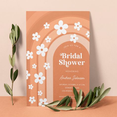 Retro Boho Bridal Showers, Retro Bridal Shower Ideas, Daisy Flower Wedding, 70s Typography, Peach Bridal Showers, Daisy Invitations, Retro Bridal Showers, Groovy Daisy, Pink Daisy Flower