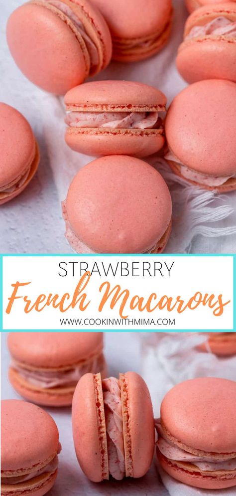 Soft and chewy on the inside, crisp on the outside, you won’t believe how easy it is to make these delicious Strawberry Macarons! A beautiful pink twist on the classic French macaron, you’ll have so much fun making this strawberry macaron recipe! #strawberry #macaron #cookies Strawberry French Macarons, Macaron Recipe Strawberry, Strawberry Macaron Recipe, Macaroons Easy Recipe, Macaroons Vs Macarons, Strawberry Filling For Macarons, Strawberry Macrons Recipes, Macaroon Frosting Recipe, Dessert Recipes Macaroons