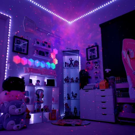 Streamer Office Ideas, Purple Game Room Aesthetic, Purple Gamer Setup, Streamer Room, Cute Gaming Setup Purple, Sanrio Gamer Room, Kawaii Gaming Setup Purple, Modern Playroom, Room Organization Bedroom