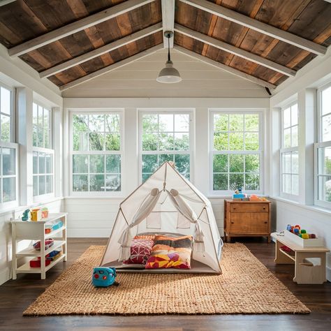 34 Bright Sunroom Decor Ideas - Rhythm of the Home Sunroom Playroom Ideas, Indoor Sunroom Ideas, Sunroom Playroom, Sunroom Bedroom, Indoor Sunroom, Sunroom Decor, Pool House Decor, Small Sunroom, Four Seasons Room