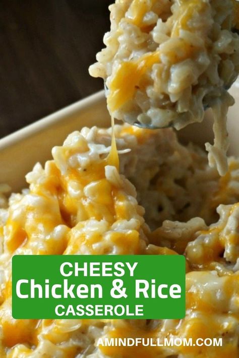 Creamy and Cheesy Chicken and Rice:  The ULTIMATE comfort food recipe. Wholesome brown rice, cooked chicken, and lots of cheese all swimming in a decadent, yet healthier sauce. This is a dish that everyone loves. #chickenandrice #chickendinner via @amindfullmom Cheesy Chicken And Rice Casserole, Cheesy Chicken Rice Casserole, Cheesy Chicken And Rice, Easy Skillet Dinner, Cheesy Chicken Rice, Skillet Dinner Recipes, Chicken And Rice Casserole, Creamy Chicken And Rice, Easy Chicken And Rice