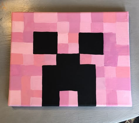 Pink Creeper Minecraft, Pink Black And White Canvas Painting, Minecraft Creeper Painting, Pink Cute Painting, Pink Canvas Art Easy Cute, Painting Ideas Minecraft, Y2k Canvas Painting Easy, Minecraft Painting Ideas On Canvas, Pink Canvas Art Ideas