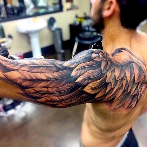 Wing Tattoo Arm, Simple Shoulder Tattoo, Tattoos Arm Mann, Voll Arm-tattoos, Angel Wing Tattoo, Wing Tattoo Men, Shoulder Sleeve Tattoos, Cool Half Sleeve Tattoos, Cool Shoulder Tattoos