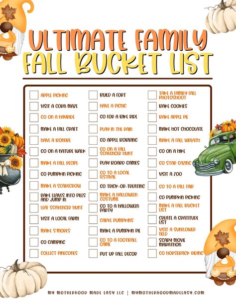 Halloween Bucket List For Toddlers, Fall Family Checklist, Bucket List 2023 Fall Addition, Fall To Do List Families, September Bucket List 2023, Fall Bucket List With Kids, Inexpensive Fall Activities, Fall Bucket List Printable Free, September Family Bucket List